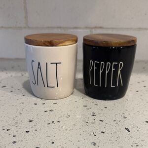 Rae Dunn Ceramic Salt And Pepper Cellars Wooden Lids Artisan Farmhouse Magenta